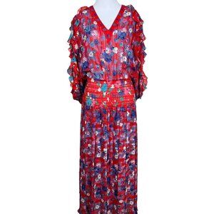 Vintage Diane Freis Maxi Dress Womens Medium Red Floral Georgette Sequins Ruffle
